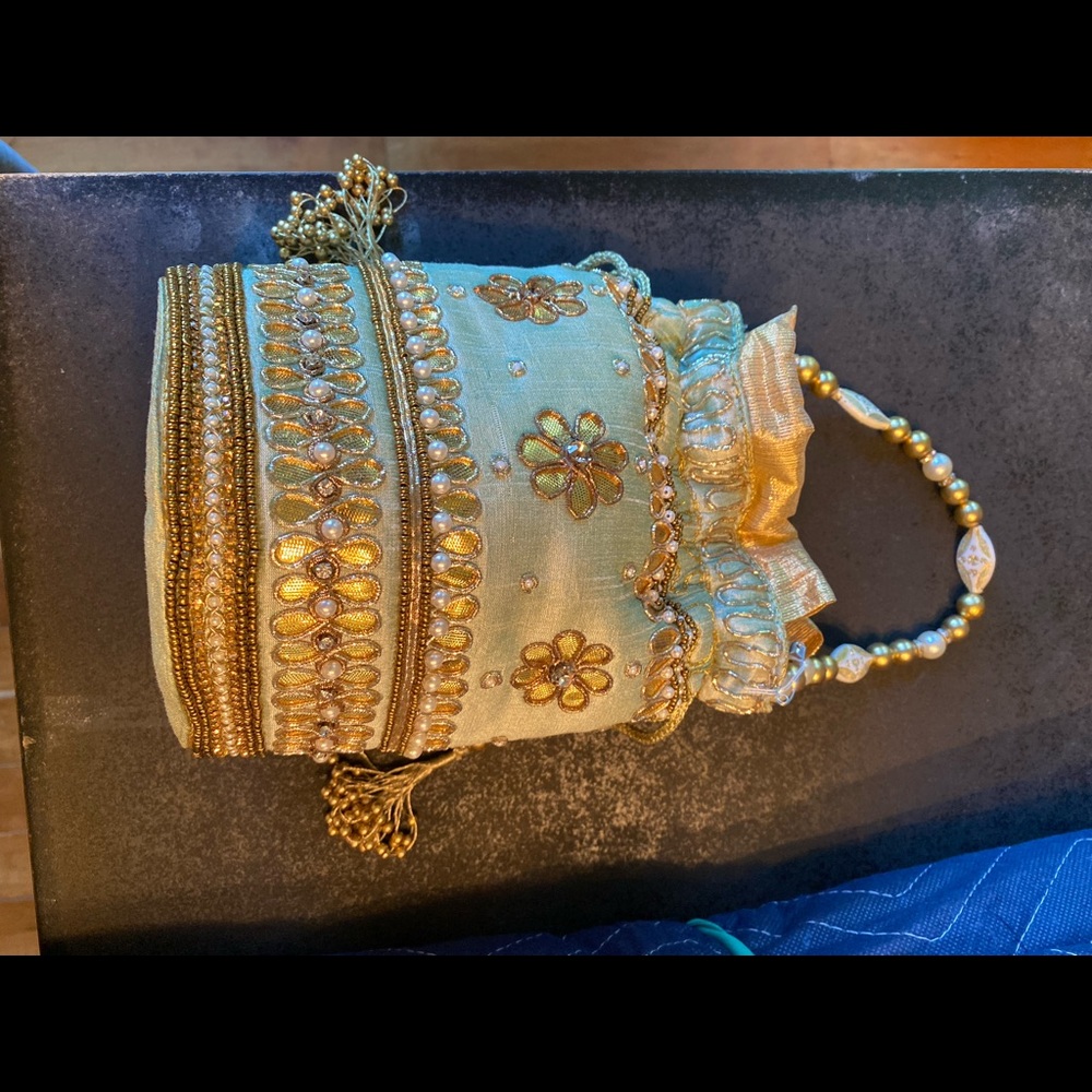 Sage green embroidered Drawstring Clutch Bag